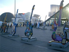 The importance of the electric guitar to Rock music is demonstrated by the sculptures outside of the Rock and Roll Hall of Fame.